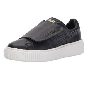 NWOB Puma Women's Size 8 Basket Platform Strap in Black Leather Pull On Sneakers